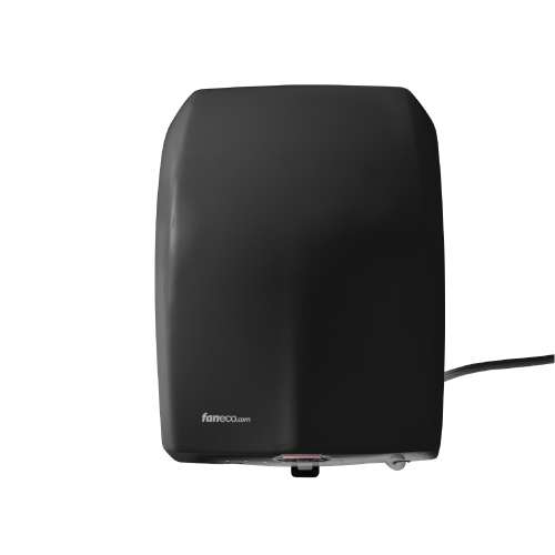 Czarna matowa suszarka do rąk z obudową wykonaną z tworzywa ABS, o mocy 1500 W