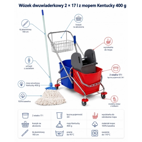 Wózek do sprzątania 2×17 l z mopem sznurkowym Kentucky 400 g
