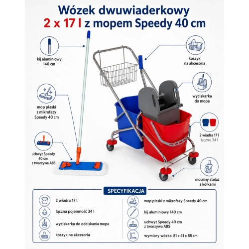 Wózek do sprzątania 2 × 17 l z kompletem mopa Speedy 40 cm