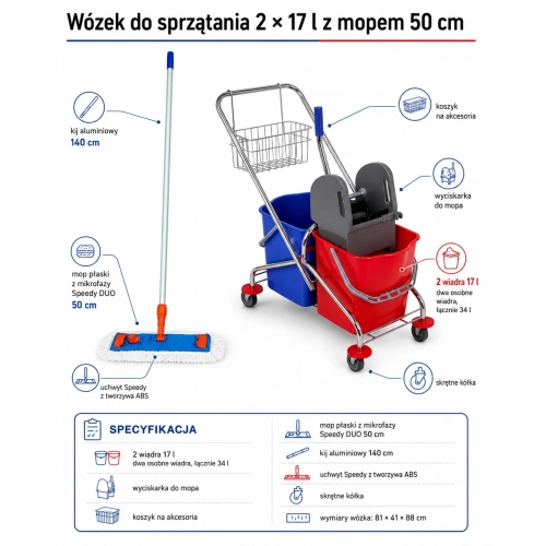 Wózek do sprzątania 2×17 l z kompletnym mopem Speedy 50 cm